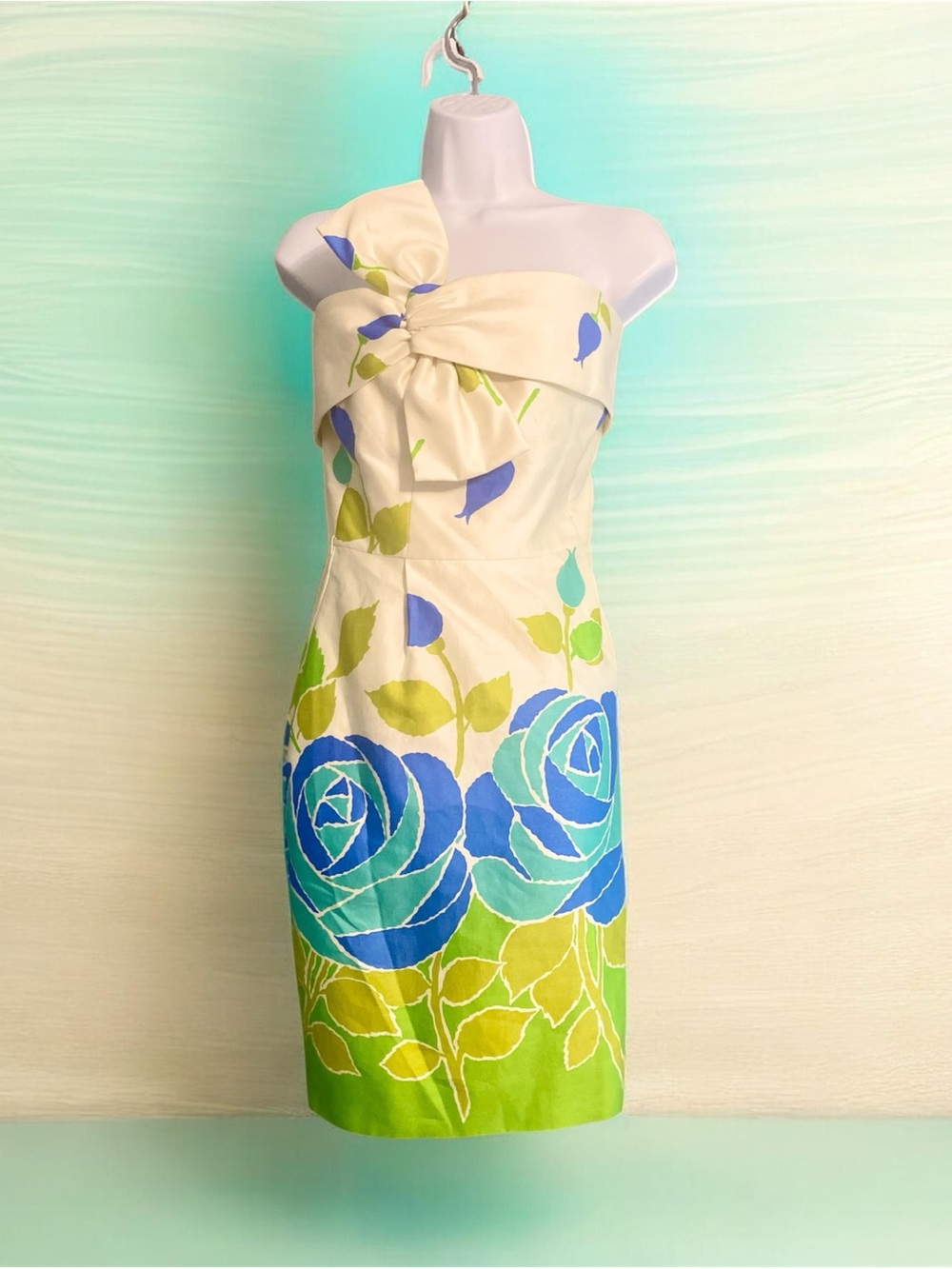 Kate Spade New York Contessa Strapless Blue & Green Floral Motif Silk Dress 2